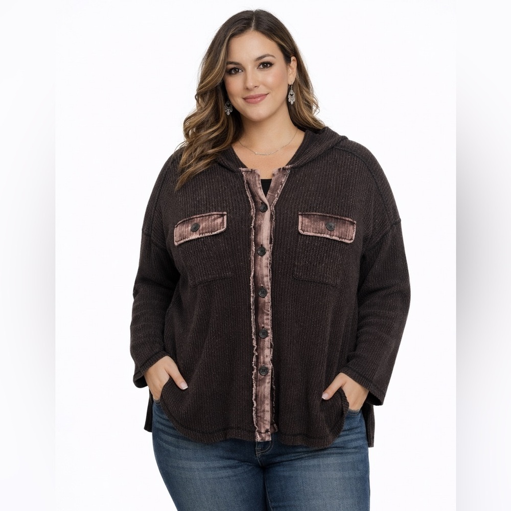 New In Black/Purple mineral washed waffle knit Button-Up Hoodie. NWT